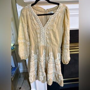 Roller Rabbit Tan Cream V-Neck embroidered dress